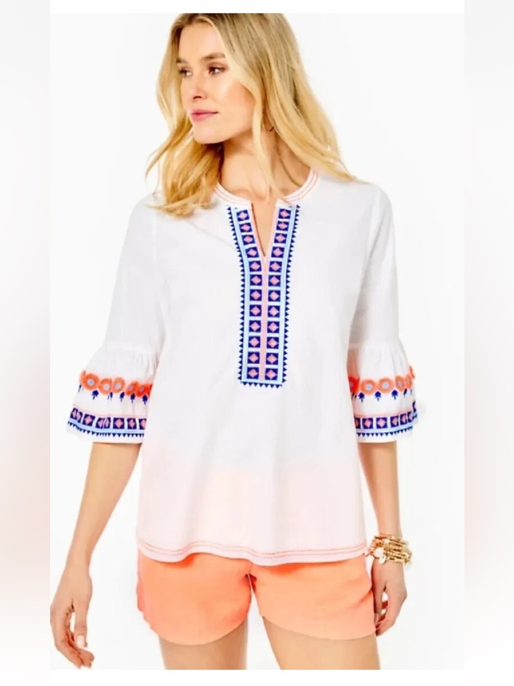 Lilly Pulitzer Rissa Embroidered Corton Tunic Bell Sleeves‎ Resort Vacation Sz S